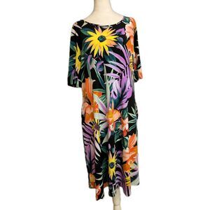 Susan Graver Dress Womens Large Midi Floral Liquid Knit 1/2 Sleeve Modest Travel
